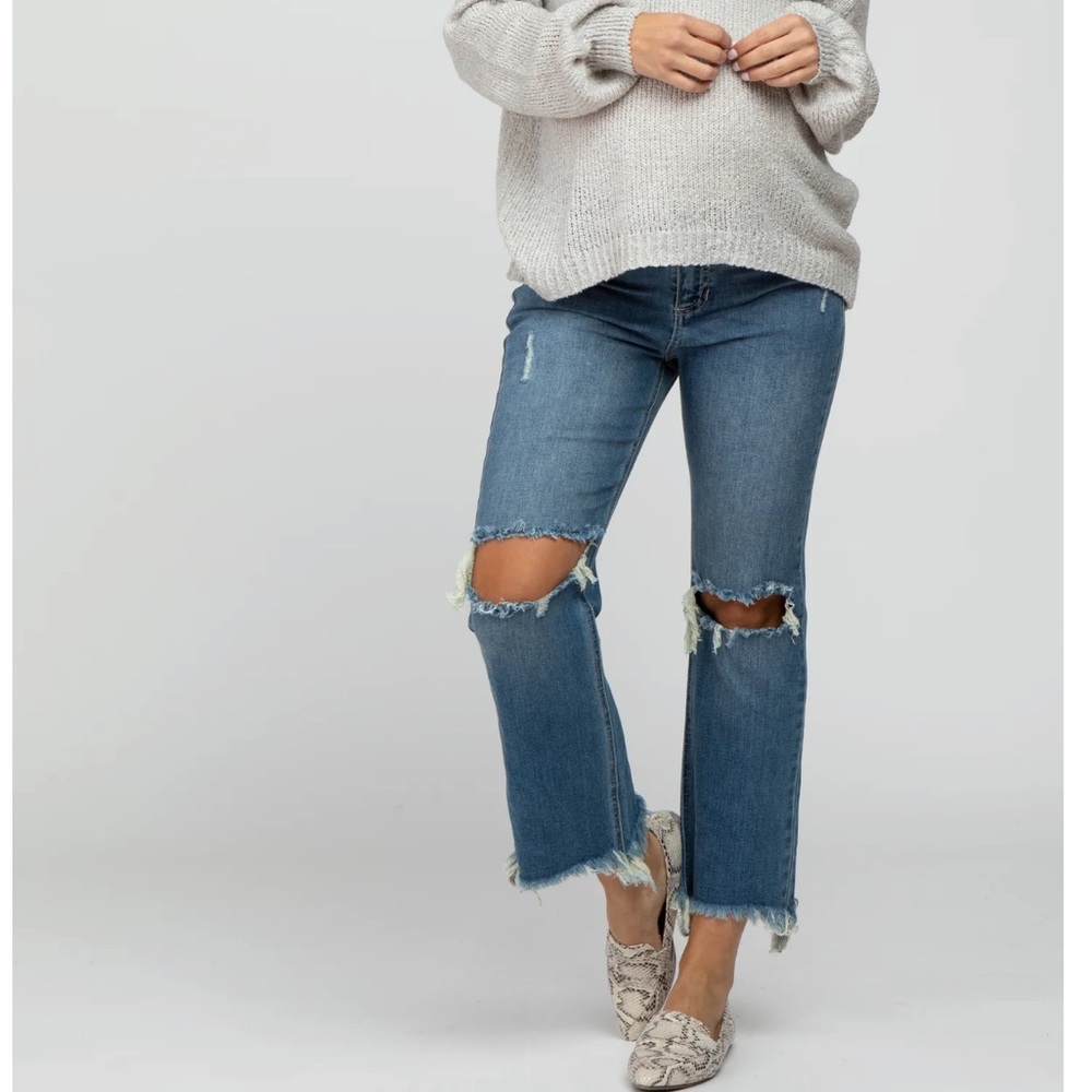 Blue Frayed Wide Leg Cropped Maternity Jeans